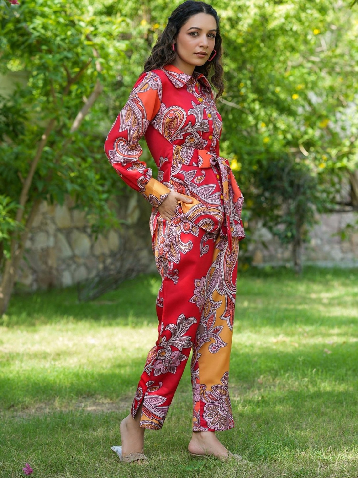 Yufta Red Printed Shirt Pant Set