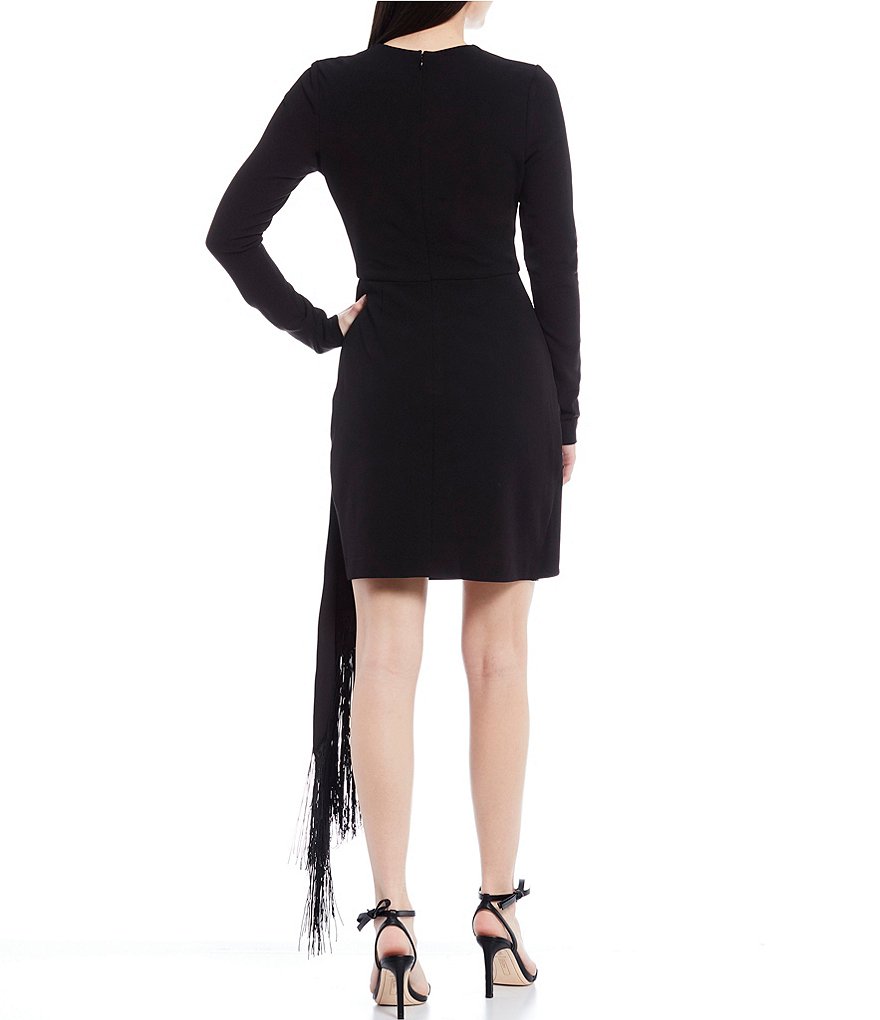 Belle Badgley Mischka Alex Long Sleeve Crew Neck Cocktail Fringe Dress