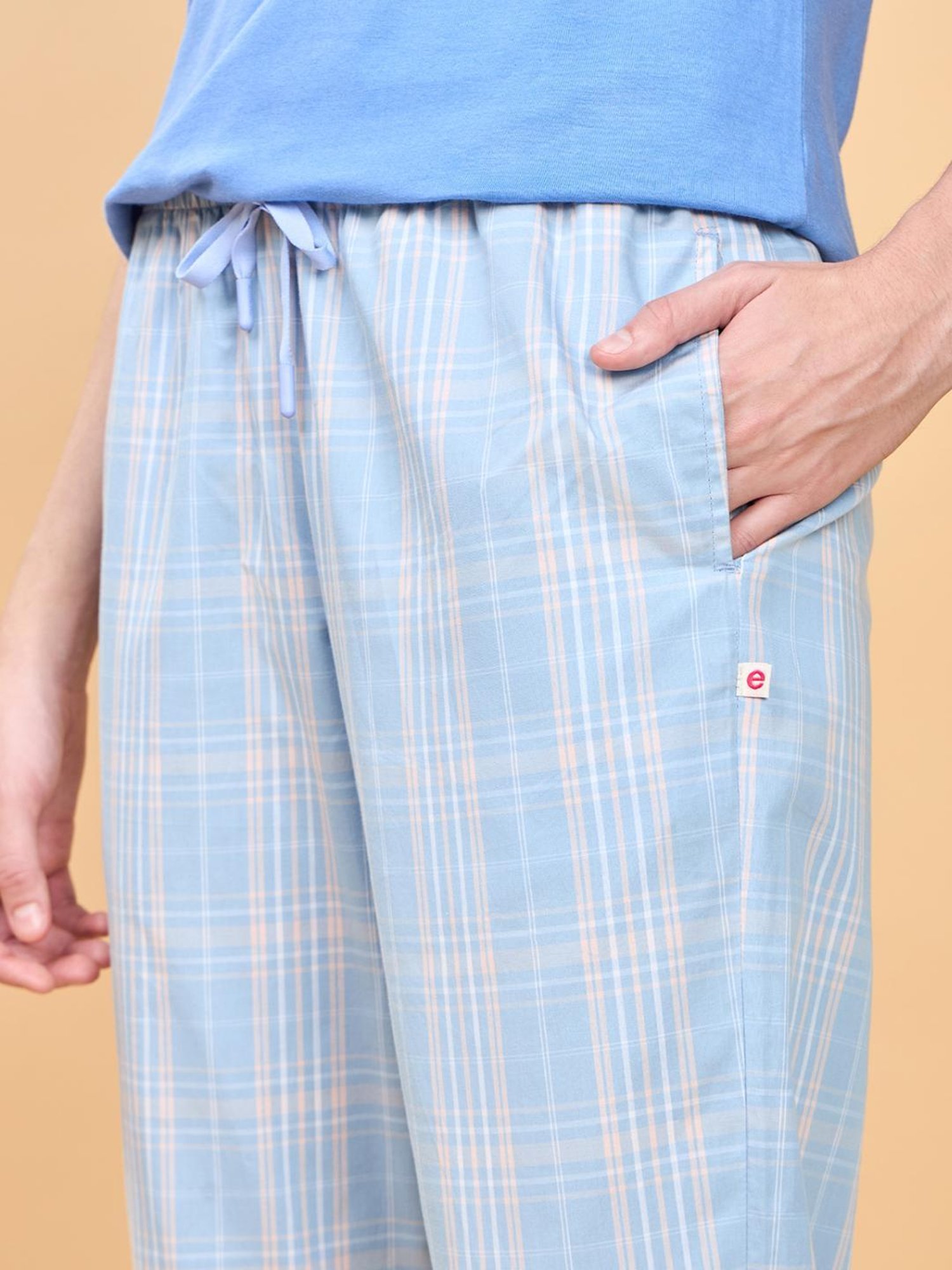 Enamor Brunnera Blue Cotton Chequered Lounge Track Pants