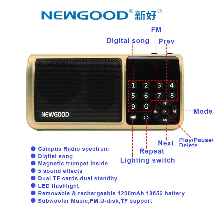 NEWGOOD Portable Speaker Super Bass with USB/TF/3.5mm AUX/FM Radio hifi digital audio player with Two micro SD card slot and LED flashlight (golden)