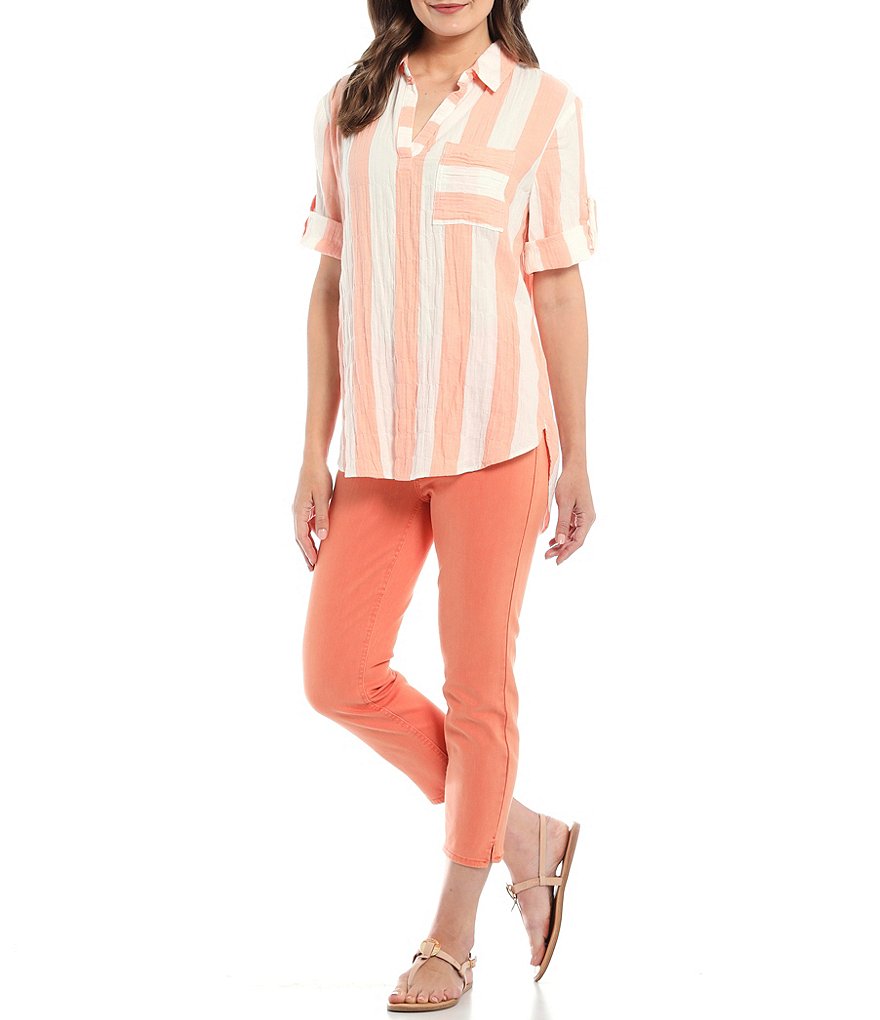 Westbound Striped Roll Sleeve Y-Neck Popover Top