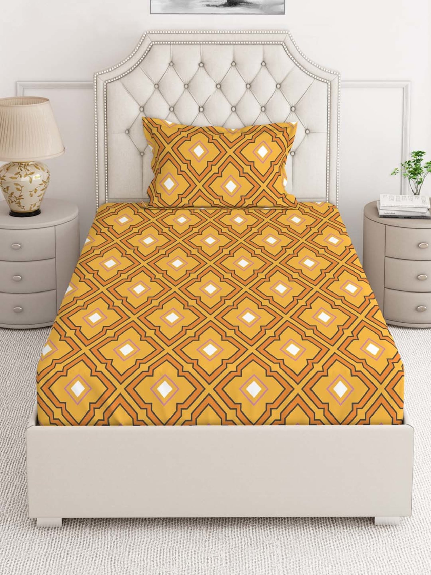 Layers Tuscany Yellow Cotton 104 TC Single Flat Bed Sheet With 1 Pillow Cover