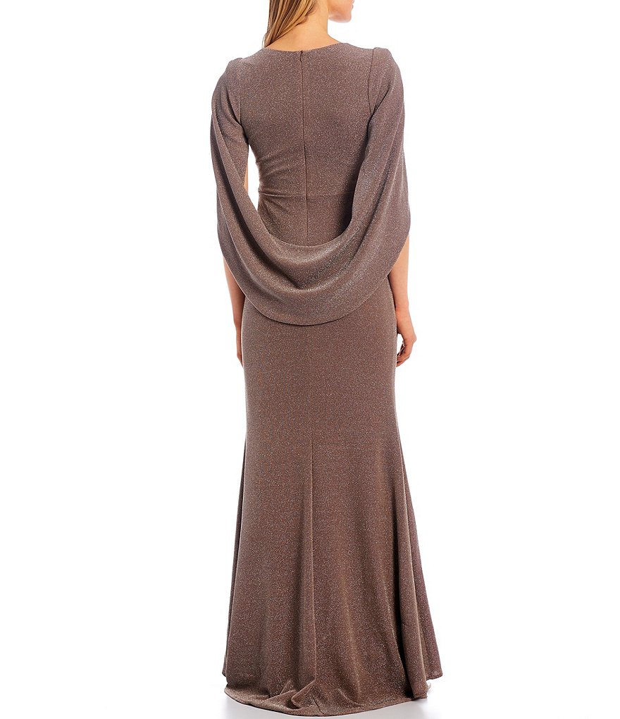 Betsy & Adam Metallic Knit Keyhole Front Drape Back Gown