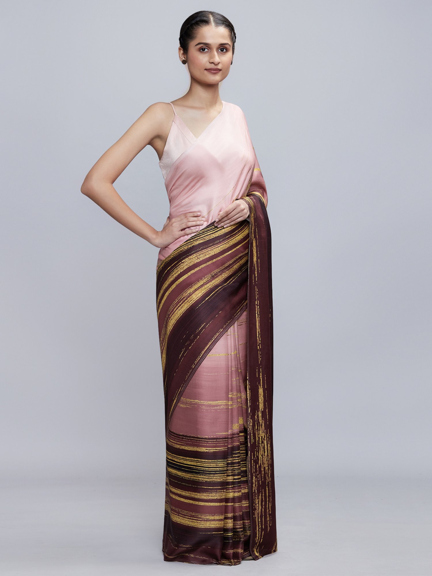 navyasa by liva Pink & Brown Printed Saree With Unstitched Blouse