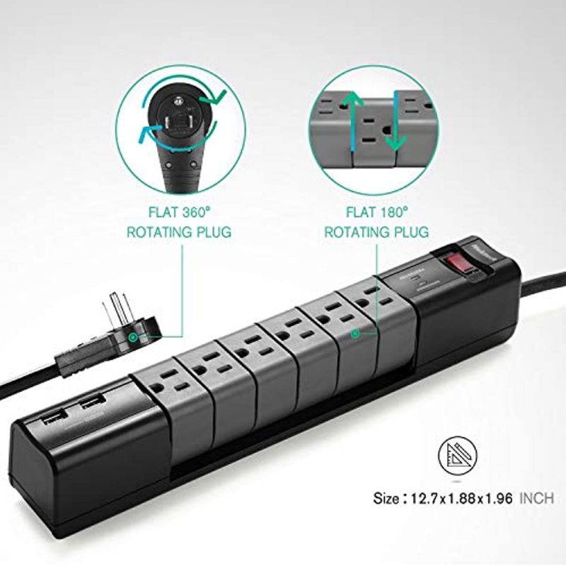 Flat Plug Surge Protector, Nekteck Surge Protector Power Strip with 2 USB Port and 6 Rotating-Outlet, 590 Joule,15A 1800W 6ft Extension Cord, Wall-mountable Surge Protector for Home Office Hotel