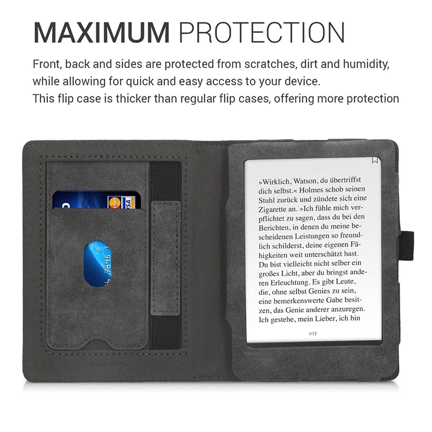 kwmobile Case Compatible with Kobo Clara HD - Canvas Synthetic Suede Cover with Magnetic Closure, Kickstand, Hand Strap, Card Slot - Grey/Black