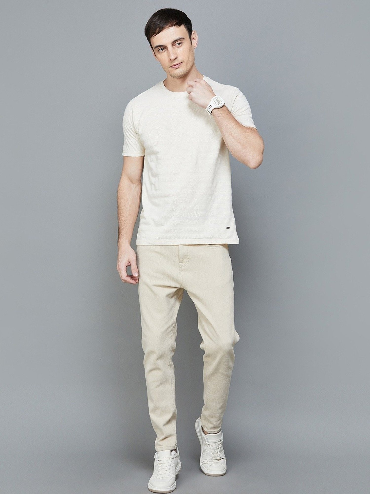 Code by Lifestyle Ecru Cotton Regular Fit Printed T-Shirt