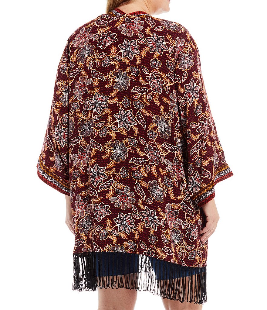 Jessica Simpson Plus Size JJ Red Dahlia Moroccan Border Print Fringe Hem Kimono Jacket