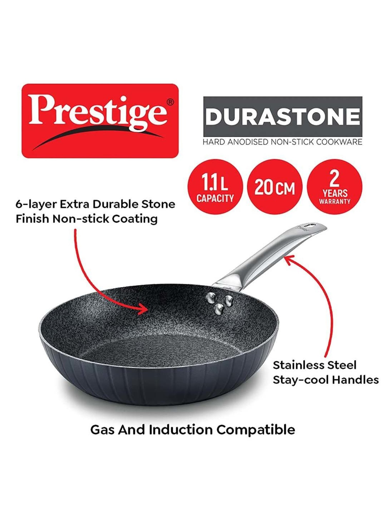 Prestige Black Hard Anodised 20 cm Non-Stick 6-Layer Fry Pan (1.1 L)
