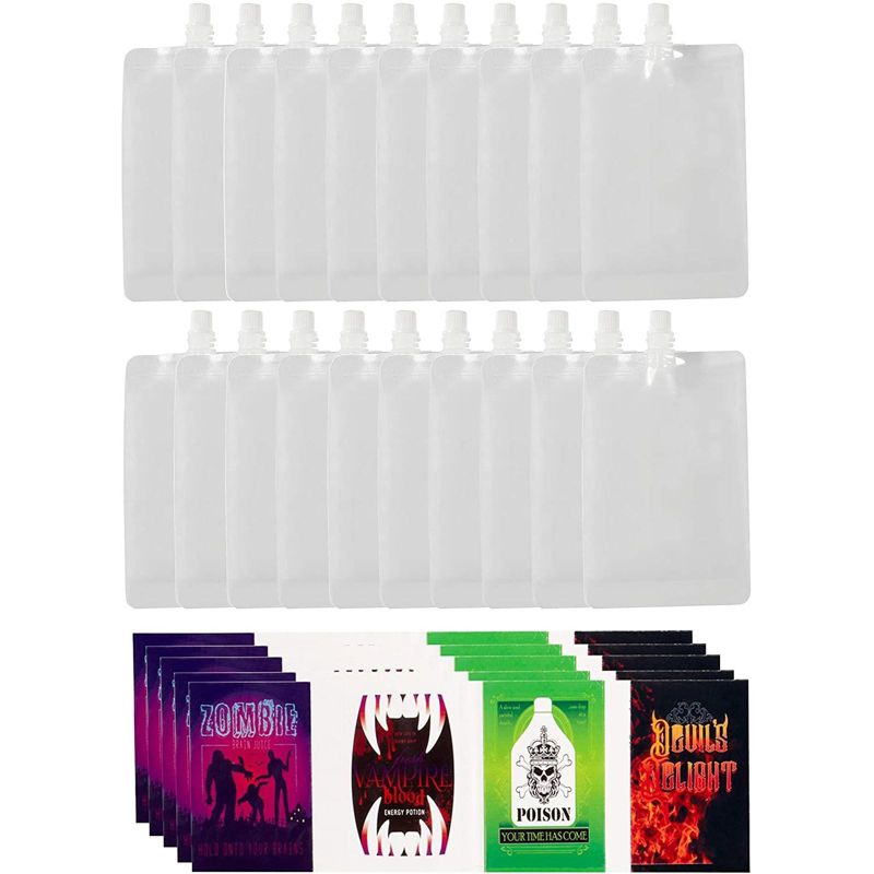Spooky Central 20 Pack Haunted Blood Bags for Drinks with Stickers, Halloween Party Supplies(8 oz)