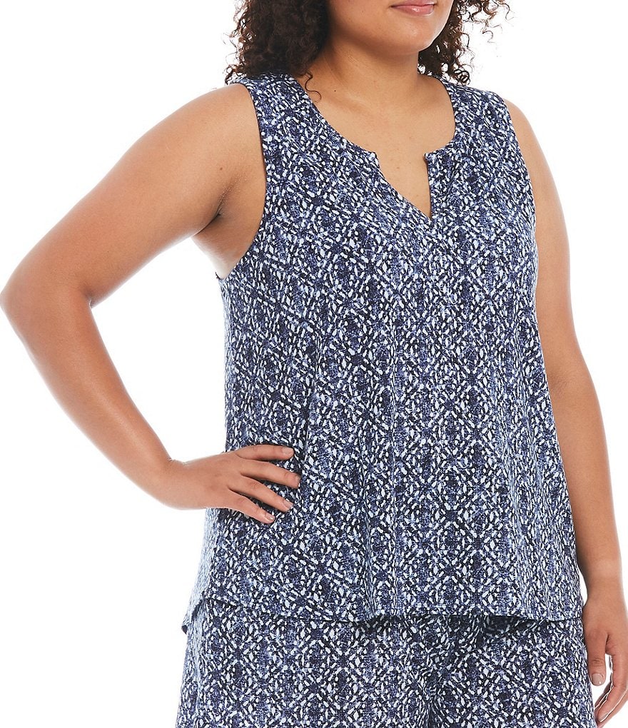 Nottibianche Plus Split V-Neck Printed Shelf Bra Jersey Knit Sleep Tank