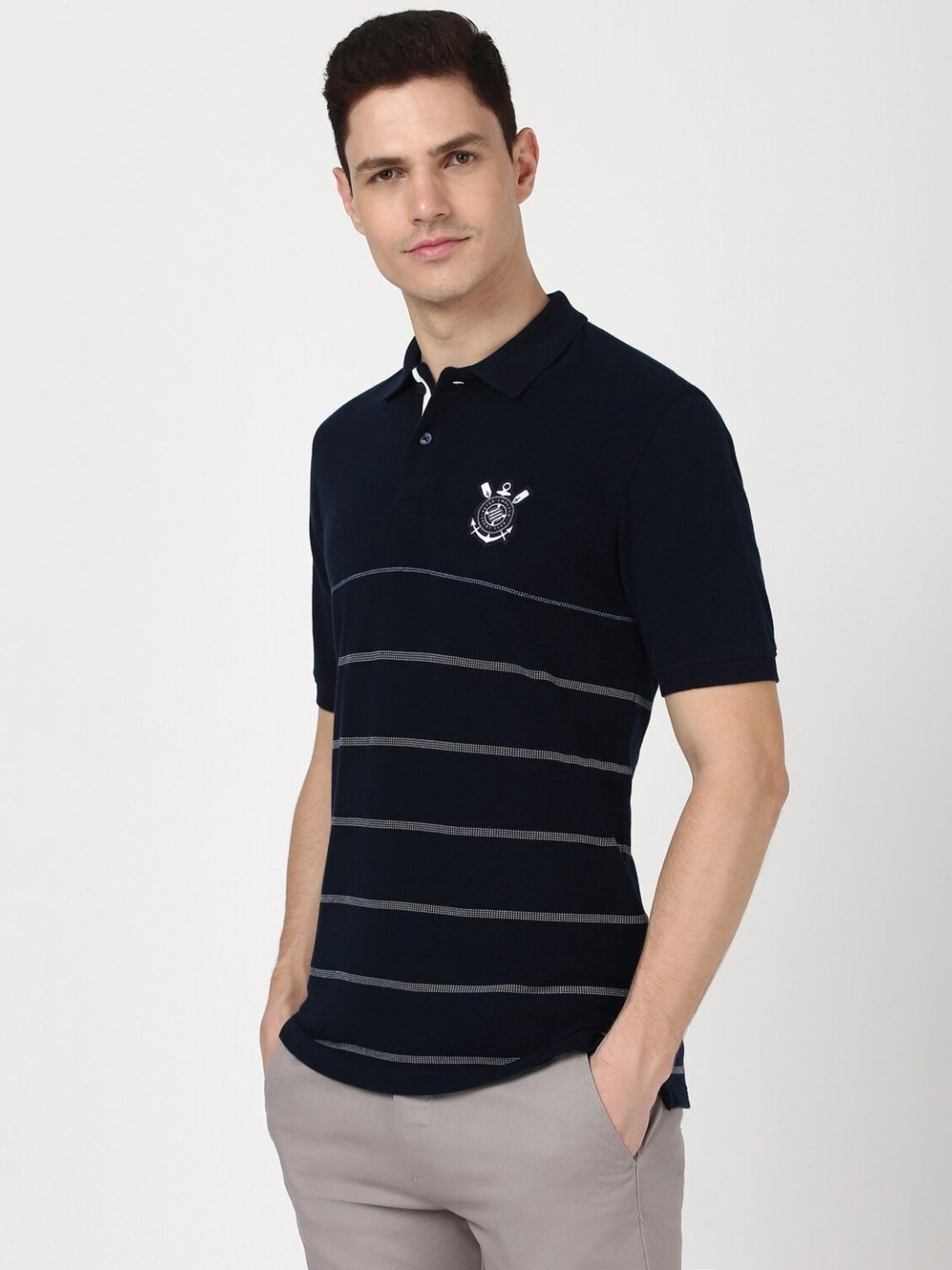 Peter England Navy Cotton Regular Fit Striped T-Shirt