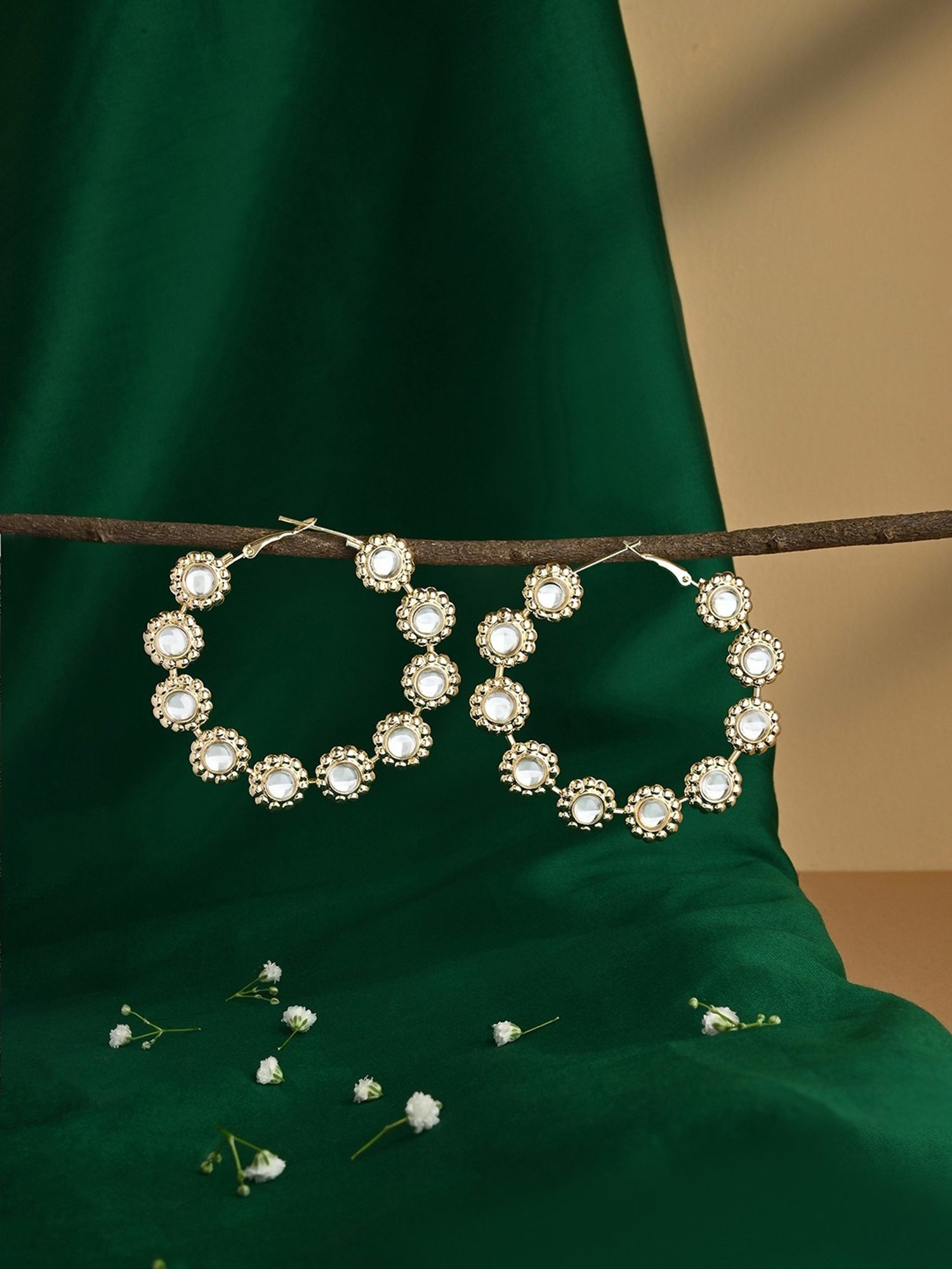 Fida Mehendi Gold and White Kundan Hoop Earrings for Women