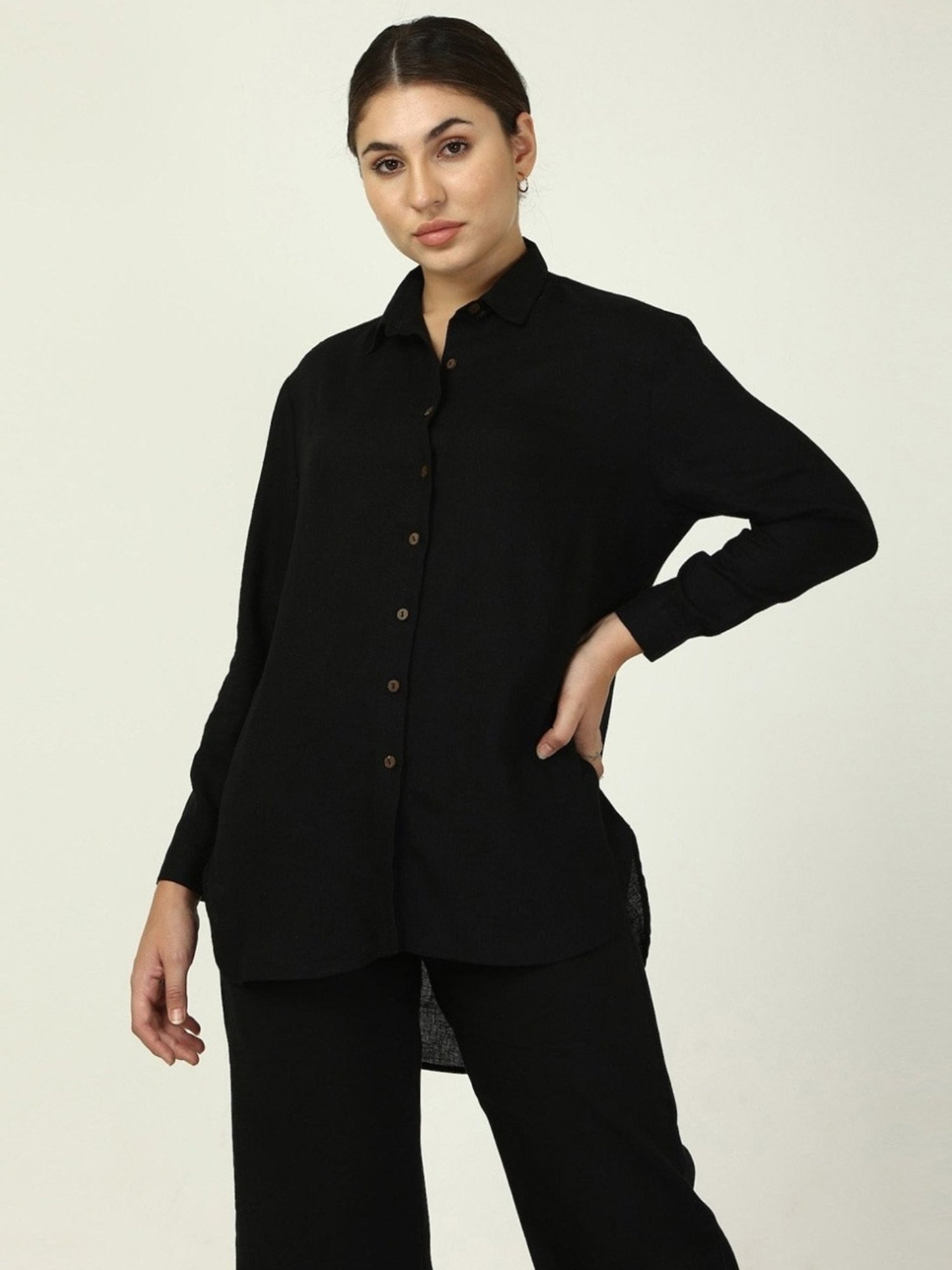 Saltpetre Elegant LInen Black Shirt with Trousers Co-ord Set