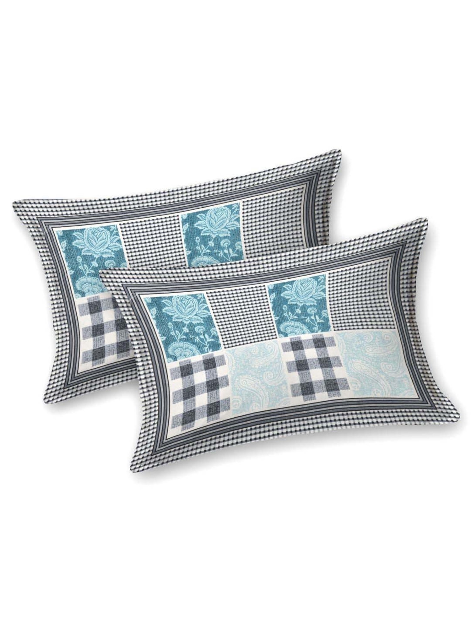 BELLA CASA Ethnic Collection Blue & Black Cotton 180 TC King Bedsheet with 2 Pillow Covers