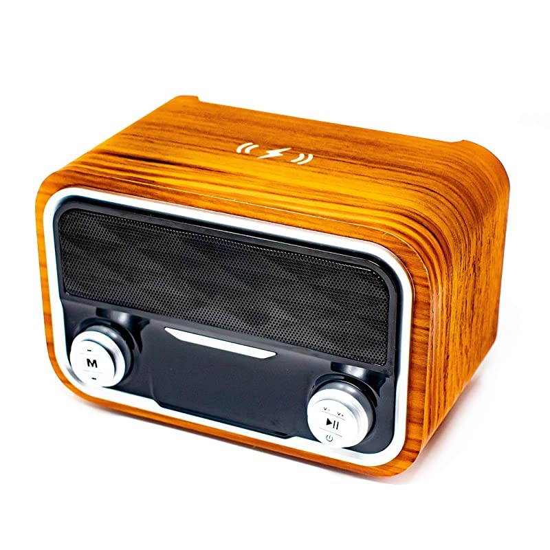 Tech Multi Station - Wireless Charger Bluetooth Clock Radio - Docking Speaker for iPhone 8, x, xs 12 and 12 Pro - Wireless Phone Charging Dock, USB, FM Radio, Bamboo Color