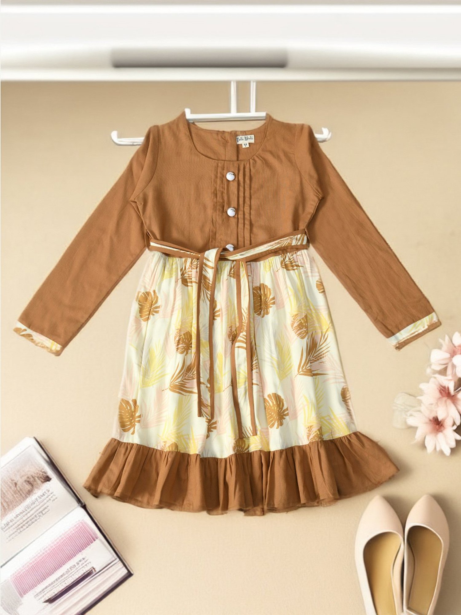 Bella Moda Kids Mustard Printed Full Sleeves Fit & Flare Dress