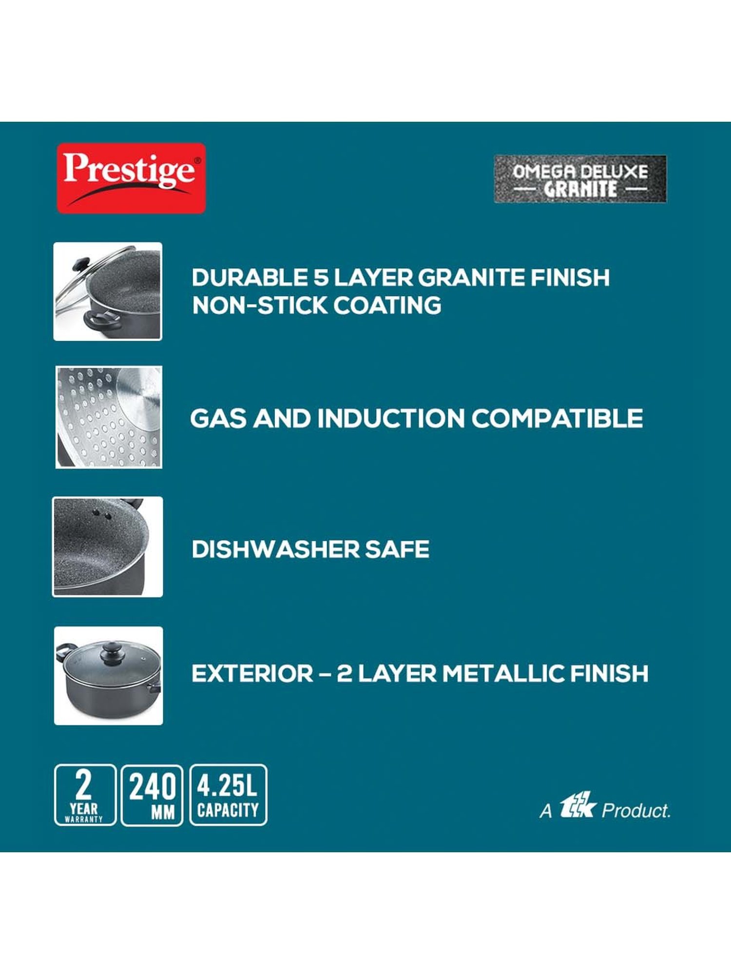 Prestige Omega Black Deluxe Granite 240 mm Sauce Pan with Lid - Set of 1