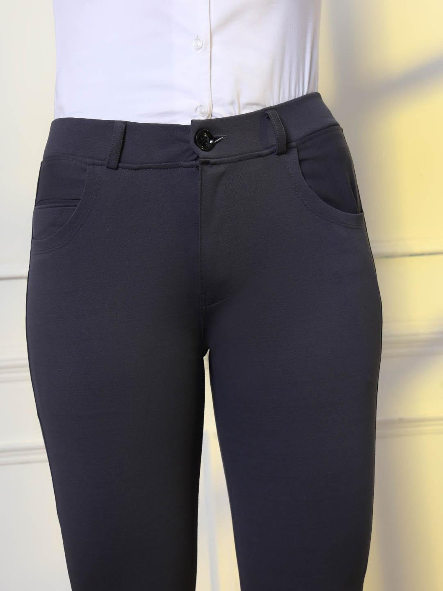 FITHUB Dark Grey Slim Fit High Rise Formal Trousers