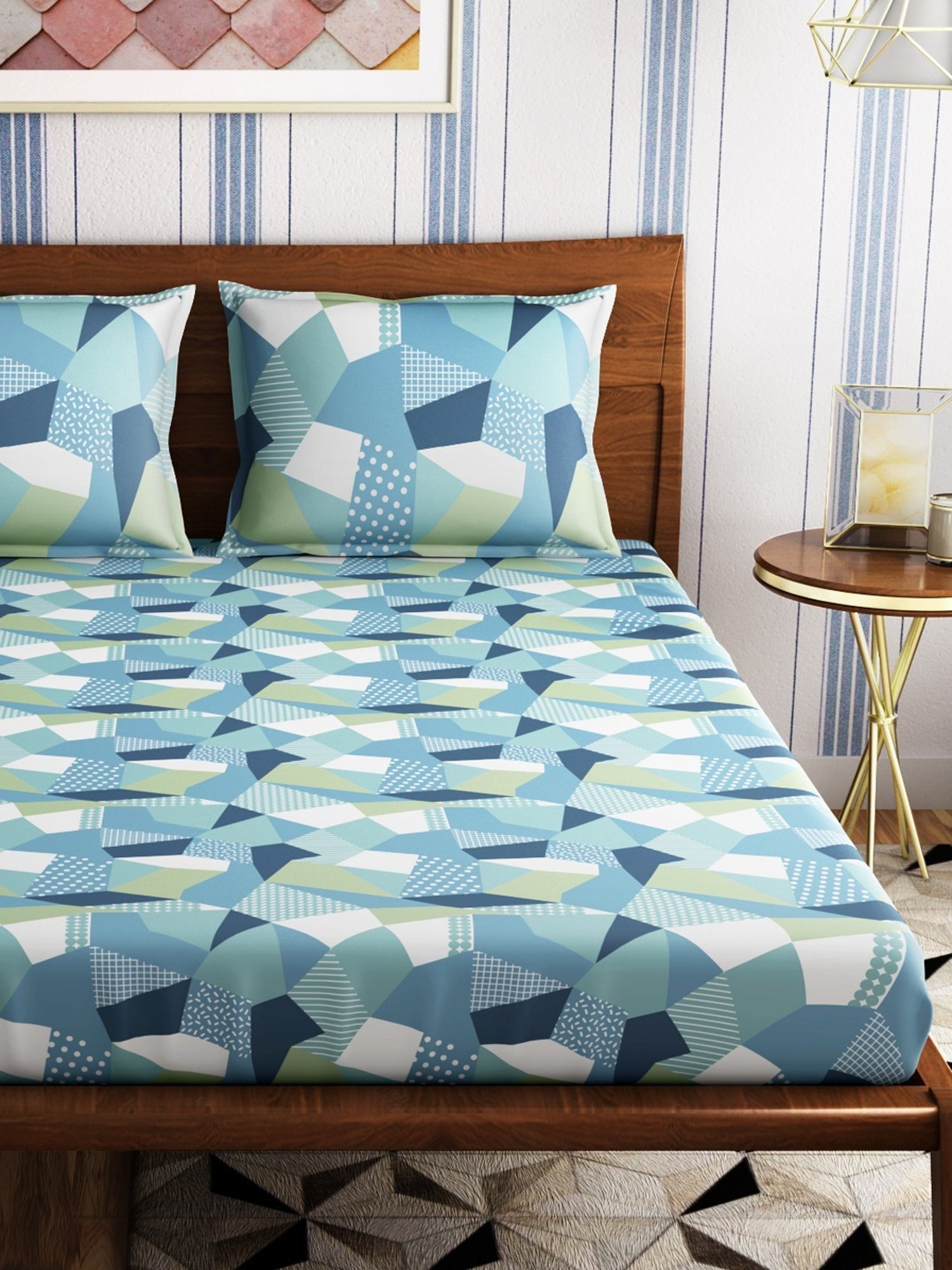 Petal Home Origami Abstract Multicolor 300 TC Cotton King Bed Sheet with 2 Pillow Covers