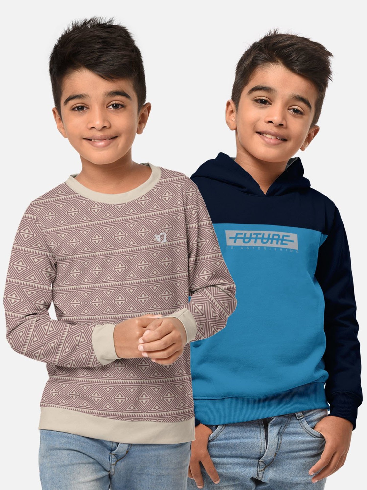 HELLCAT Beige & Blue Printed Full Sleeves T-Shirt (Pack Of 2)