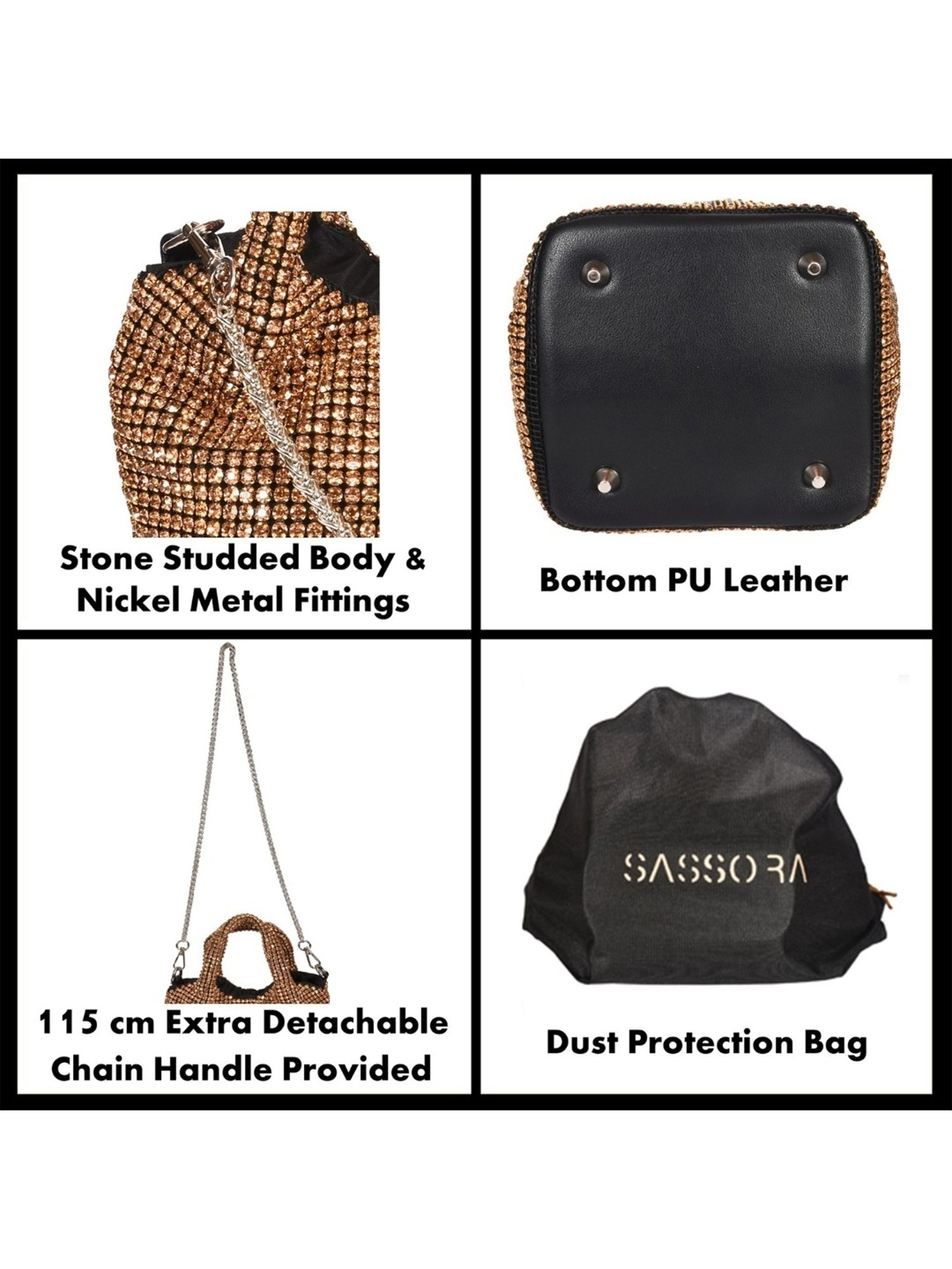 SASSORA RIM Gold Leather Embellished Medium Handbag