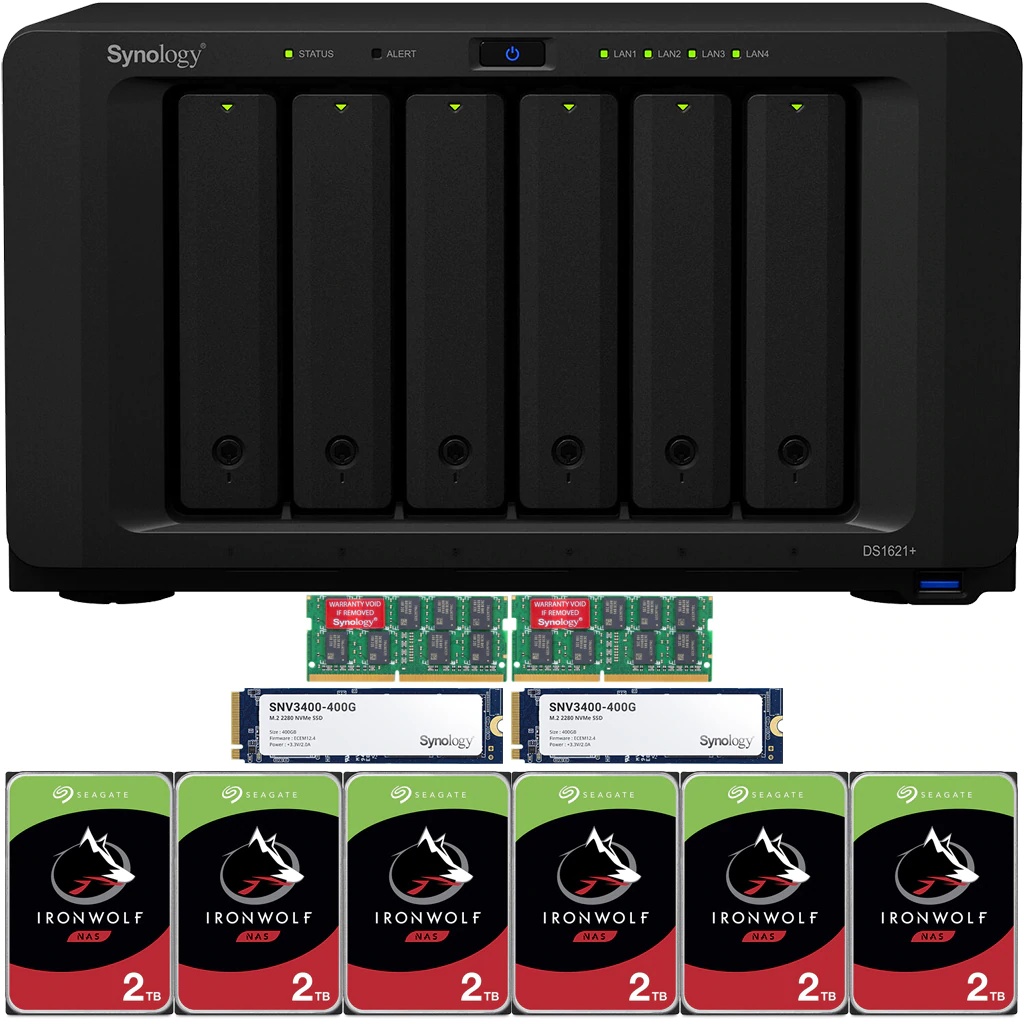 Synology DS1621+ DiskStation with 8GB RAM and 12TB (6 x 2TB) of Seagate Ironwolf NAS Drives and 800GB (2x400GB) NVME Cache Fully Assembled and Tested By CustomTechSales