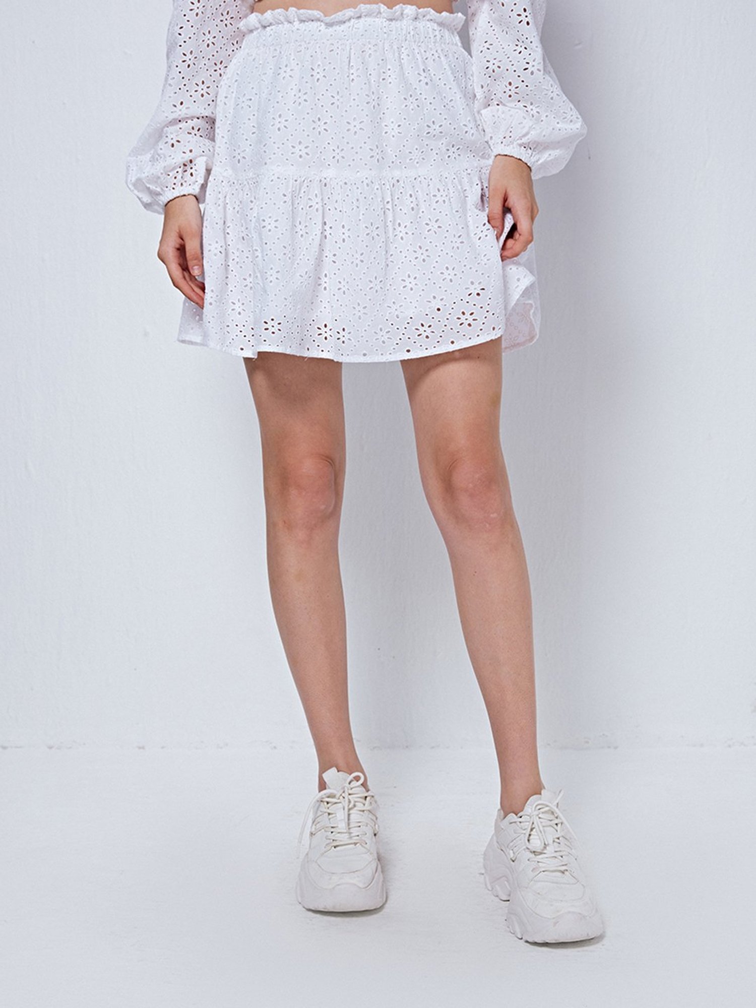 Cover Story White Self Design Mini Skirt