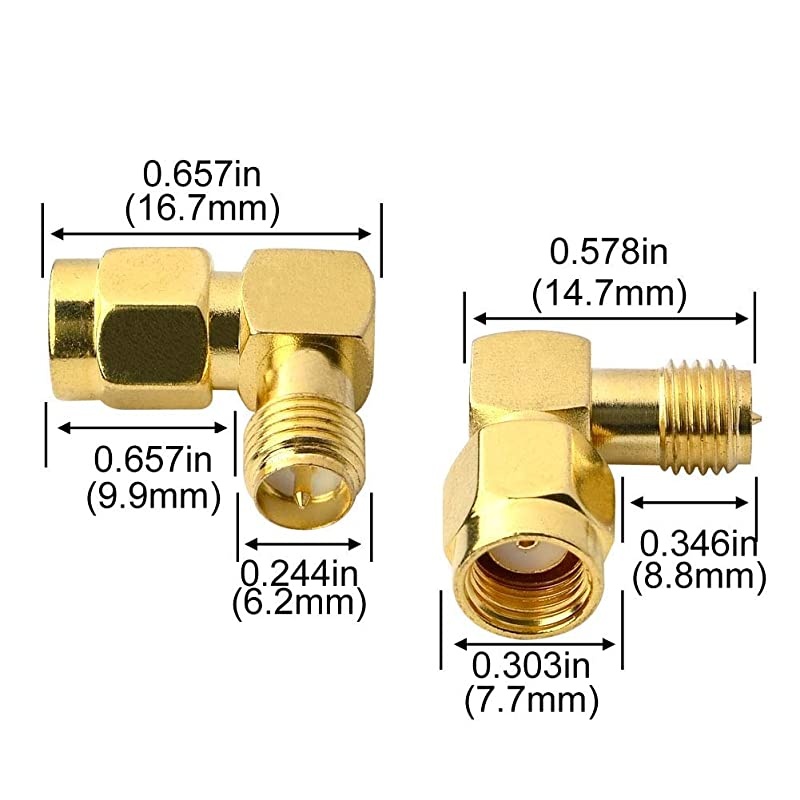 90 Degree Reverse Polarity SMA Coax Adapter RP SMA Male Hole to RP SMA Female Pin Right Angle Connector RPSMA to RPSMA Adapter for Audio FPV Drone Antennas Radio Video Mobile Pack of 2