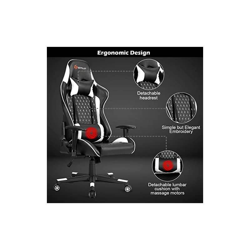 Massage Gaming Chair, Reclining Backrest Handrails and Seat Height Adjustment Racing Computer Office Chair, Ergonomic High Back Embroidered PU Swivel Game Chair with Headrest and Lumbar Cushion