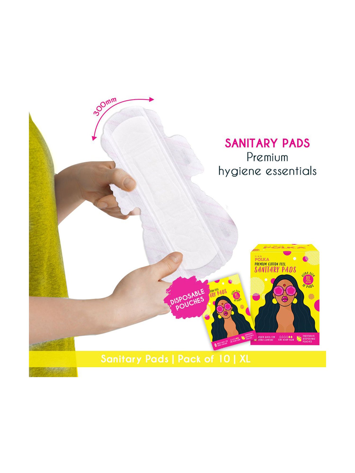 PINQ Polka Organic Cotton Ultra Sanitary Pads-XL with Disposable Biodegradable Pouch-Pack of 20