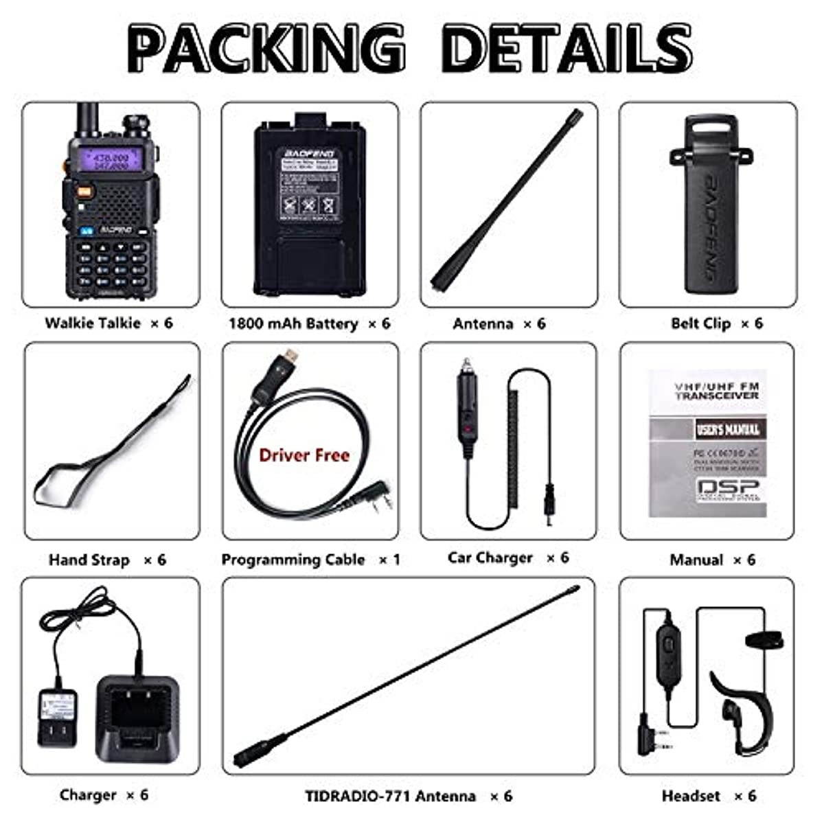 BaoFeng Radio UV-5R Ham Radio (6 Pack) + 1pcs TIDRADIO Driver Free Programming Cable + 6pcs TD-771 Antennas and Radio Mics + 12pcs 1800mAh Batteries BaoFeng Walkie Talkie