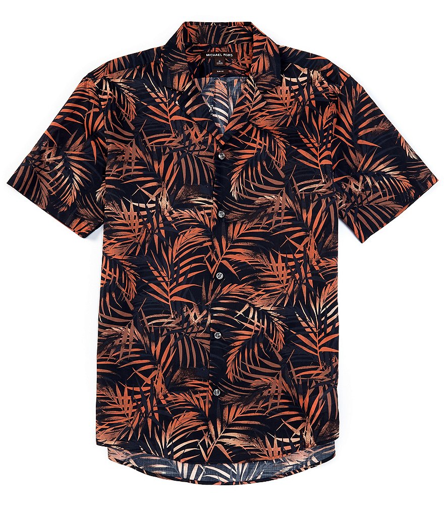 Michael Kors Slim-Fit Palm Print Short-Sleeve Woven Camp Shirt