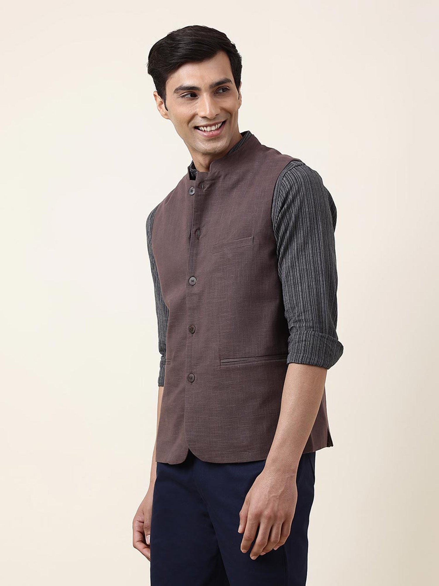 Fabindia Purple Slim Fit Mandarin Collar Nehru Jacket