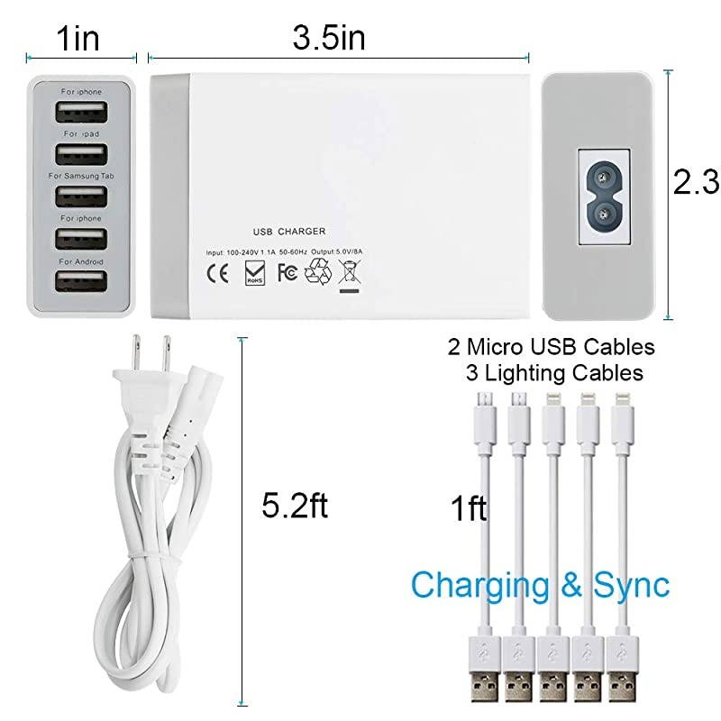 amp Hulin Bamboo Charging Station Holder with 5 Port USB Charger Watch Stand 5 x Charge Cable Wood Docking Stand Electronic Organizer for Multiple Devices Phones Tablets Laptop and More