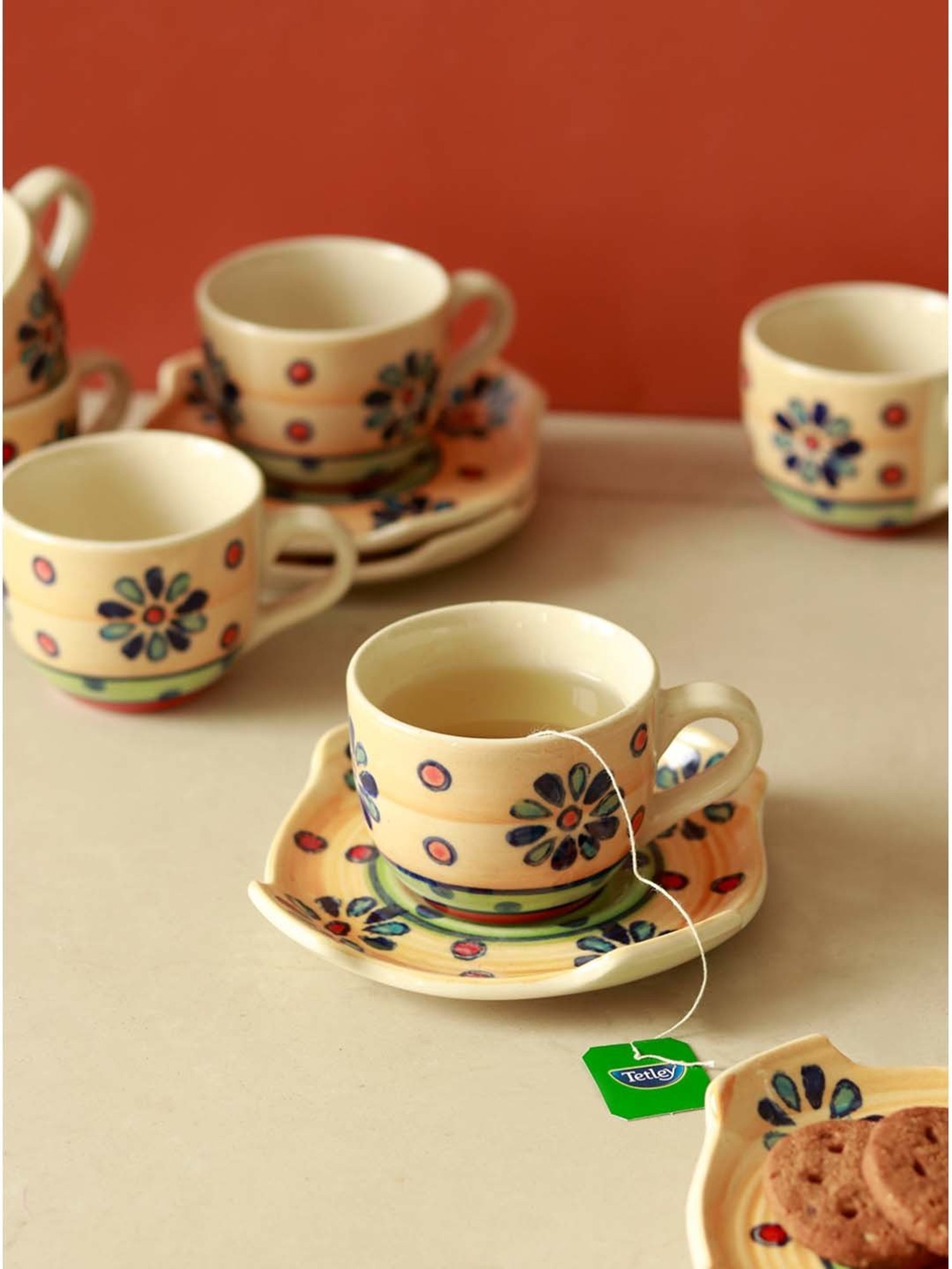 India Circus Floral Blue Bone China Cup Saucer (Set of 8)