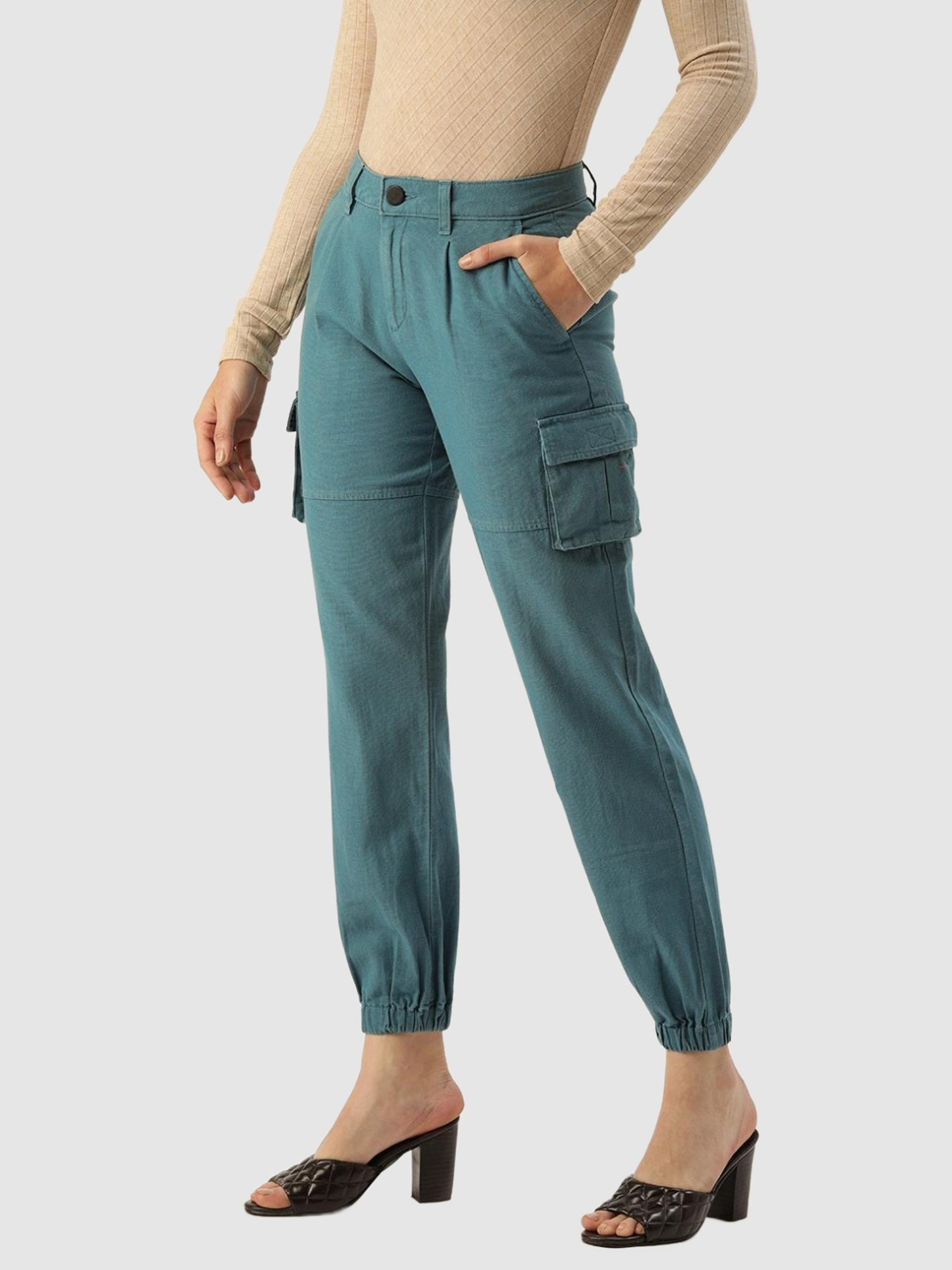 IVOC Teal Cotton Regular Fit Mid Rise Joggers