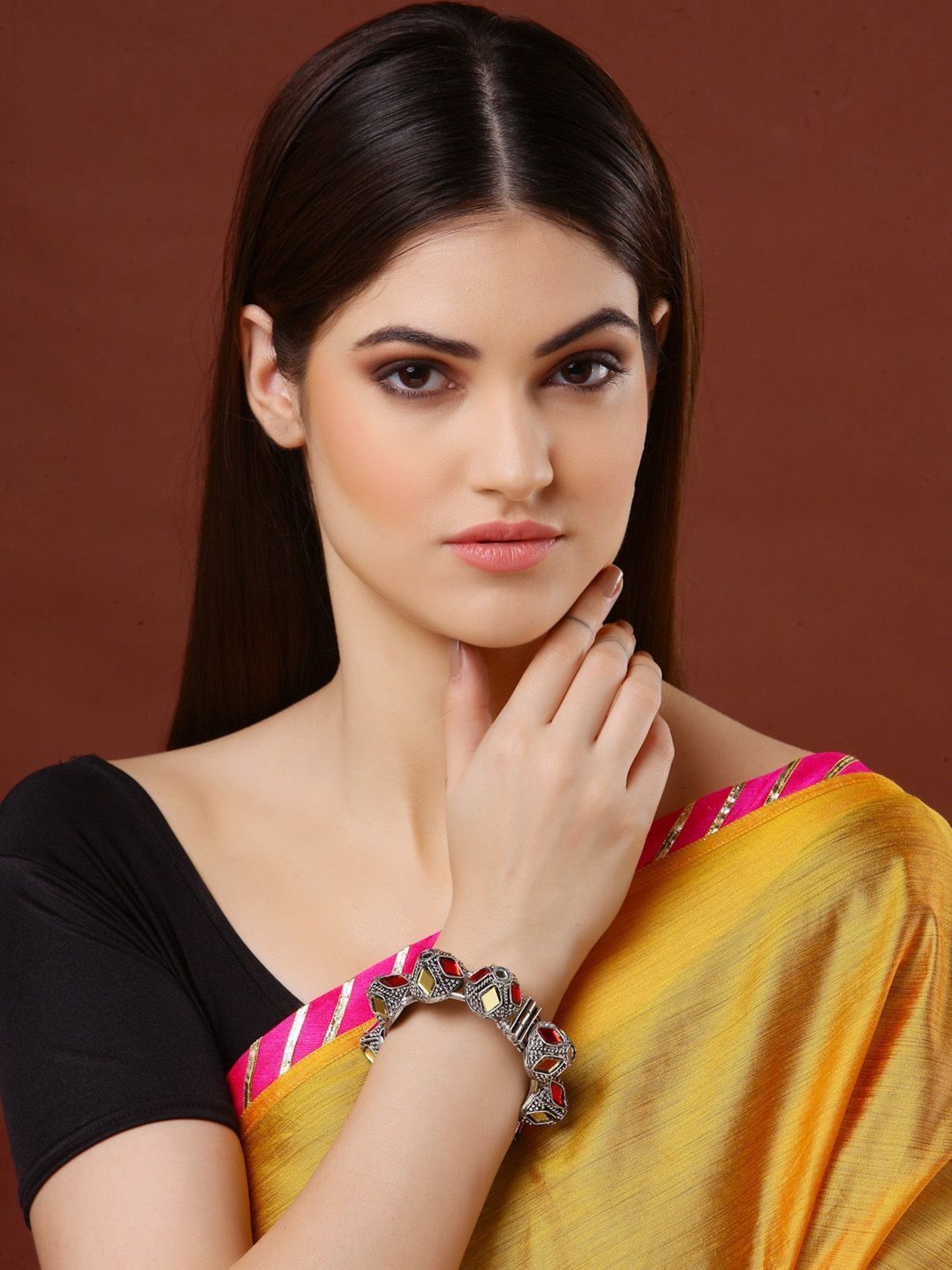 Moedbuille Mirrors Studded Tribal Afghan Design Oxidised Silver Plated Handcrafted Cuff Bracelet