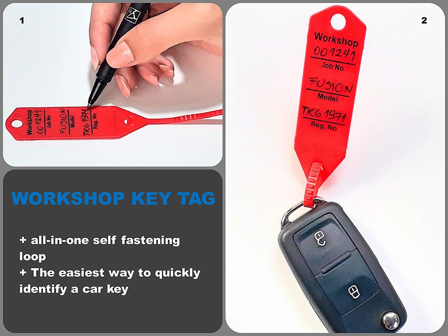 Mechanic Service Auto Key Tags - Yellow self Locking Car Key Tags Made of Waterproof Plastic | Box of 300 Auto Tags | NO Folding, NO Key Rings, NO Laminated Key Tags Necessary | Pen Included