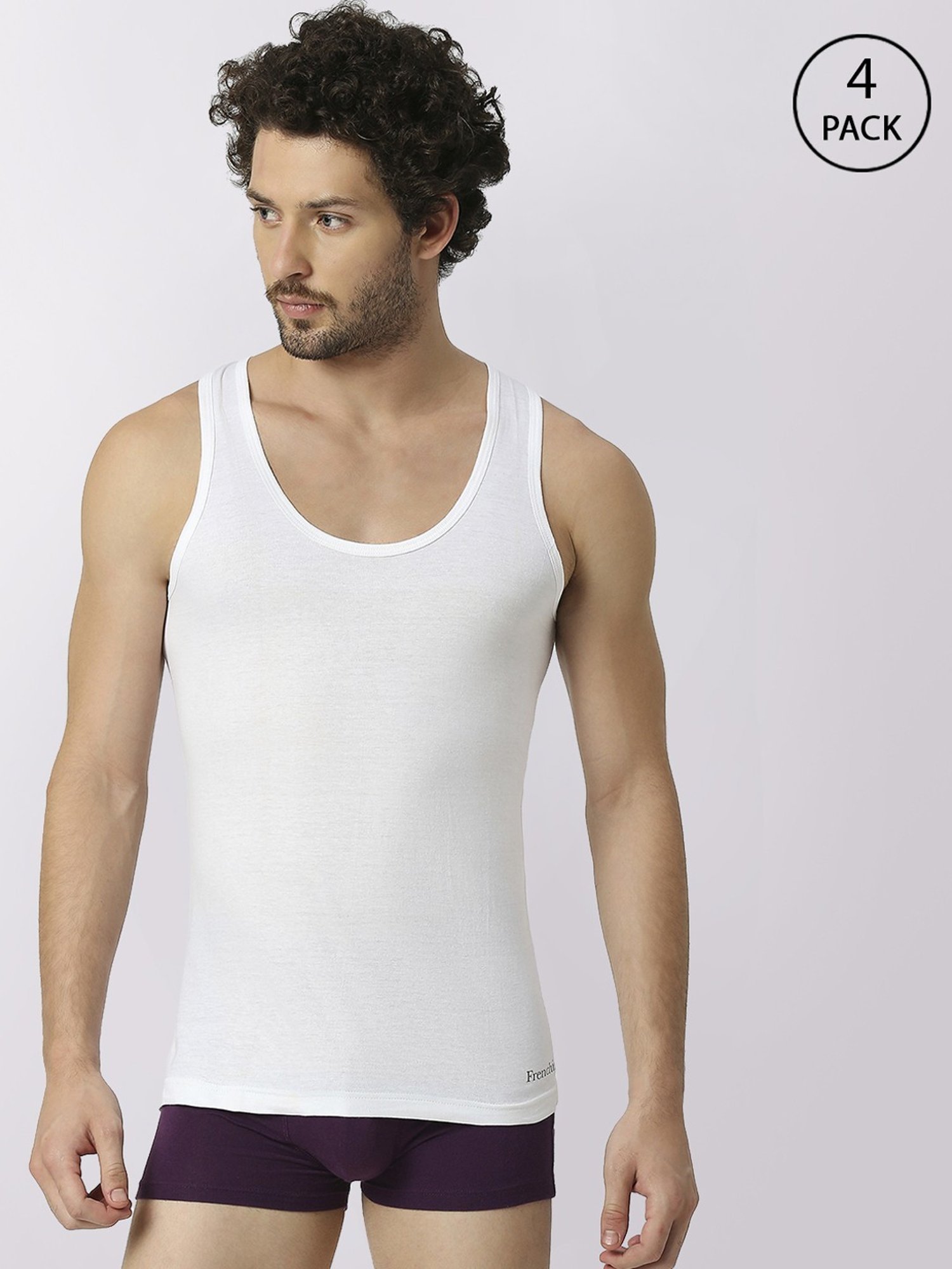 Frenchie White Cotton Skinny Fit Vest - Pack Of 4