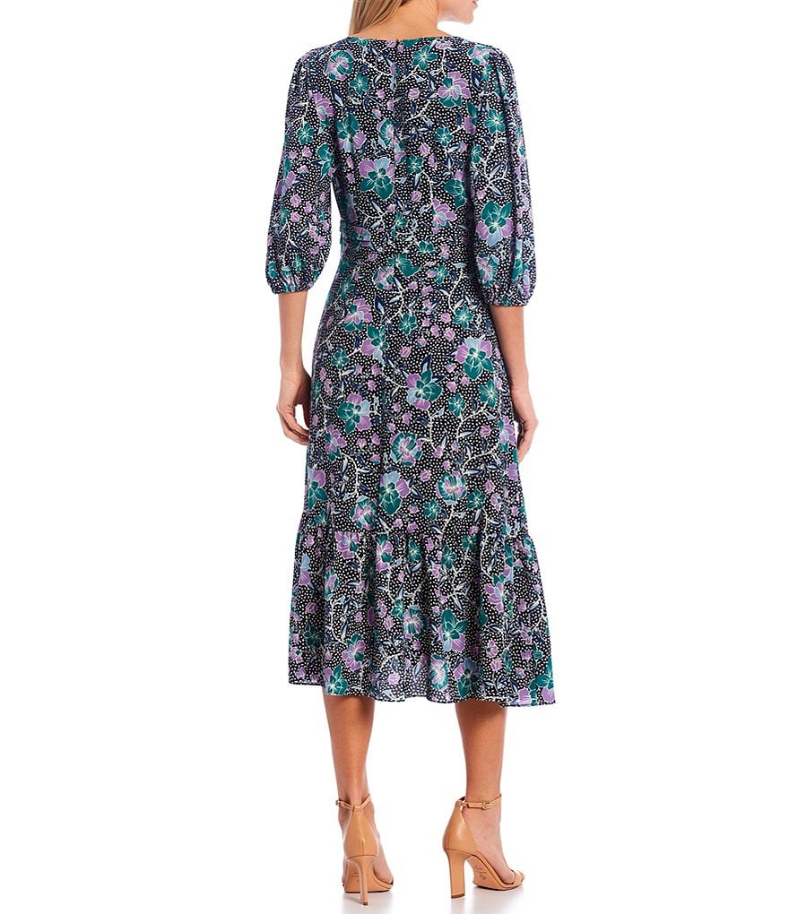 Maggy London V-Neck Floral Print Bubble Crepe Midi Dress