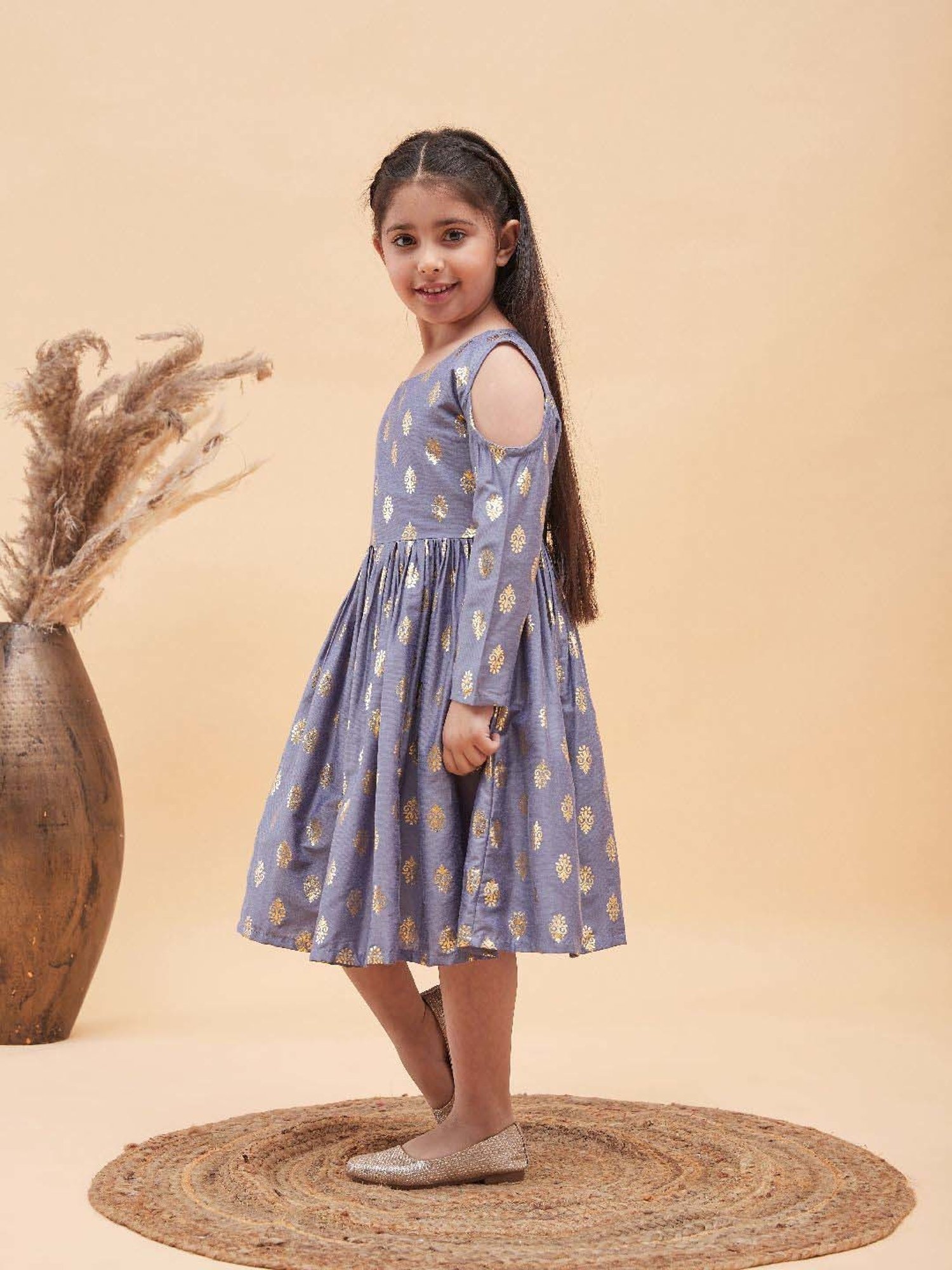 VASTRAMAY Girls Grey Printed Full Sleeves Dresses