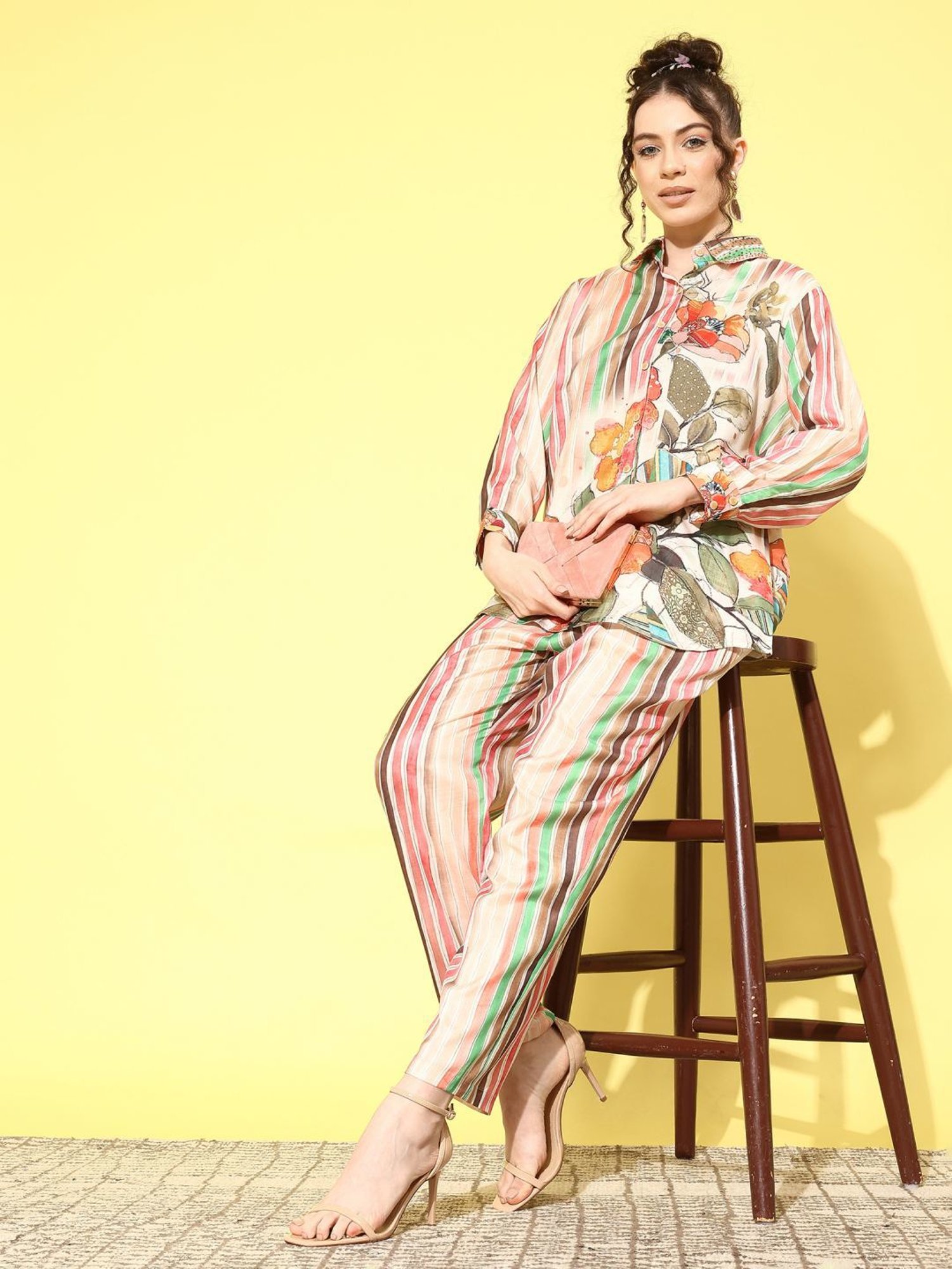 Indo Era Multicolored Floral Print Shirt Pant Set