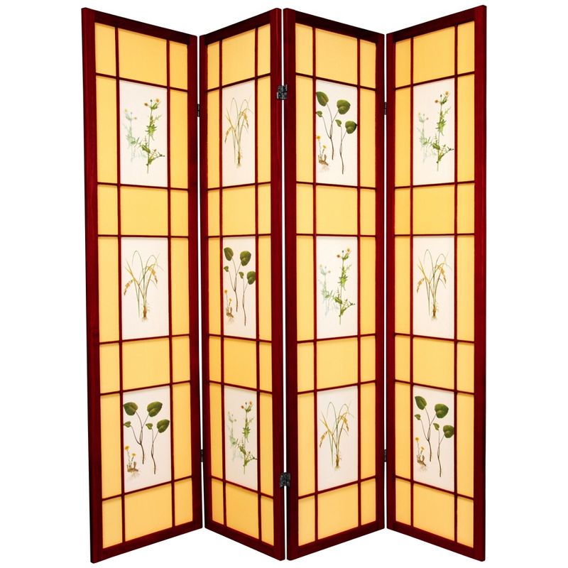 Oriental Furniture 6' Tall Herbal Floral Shoji Screen 4 Panel Rosewood