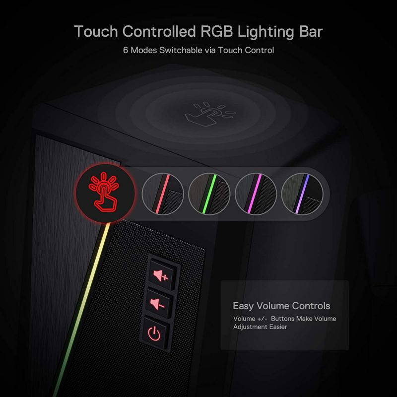RGB Desktop Speakers, 2.0 Channel PC Computer Stereo Speaker with 6 Colorful LED Modes, Enhanced Sound and Easy-Access Volume Control, USB Powered w/ 3.5mm Cable