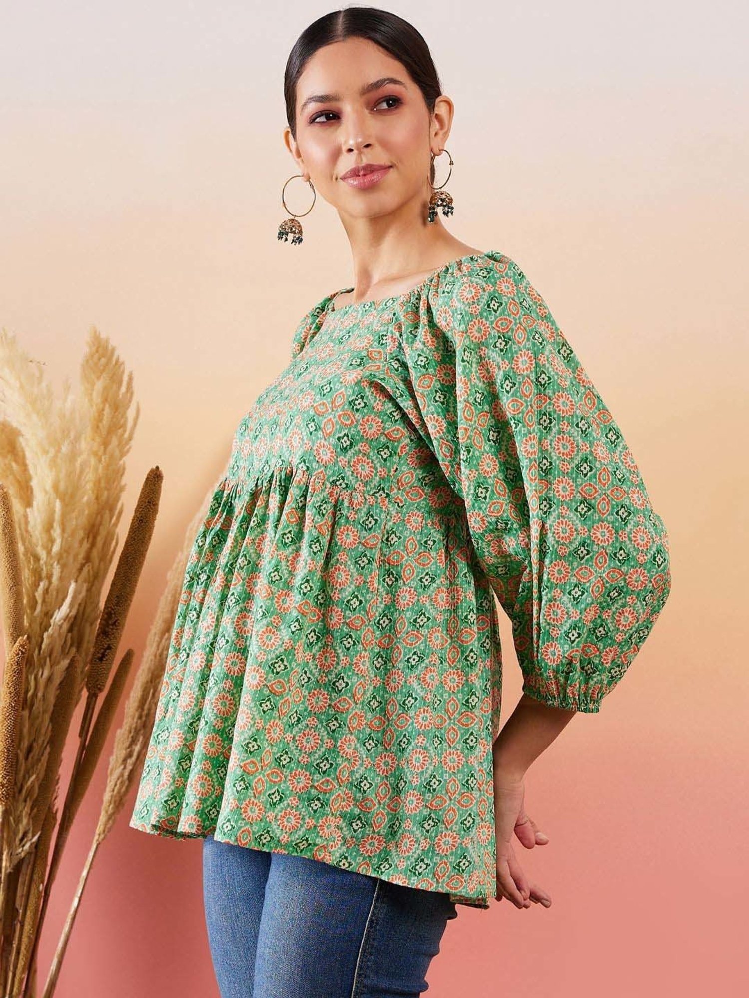 Inweave Green Cotton Printed Top