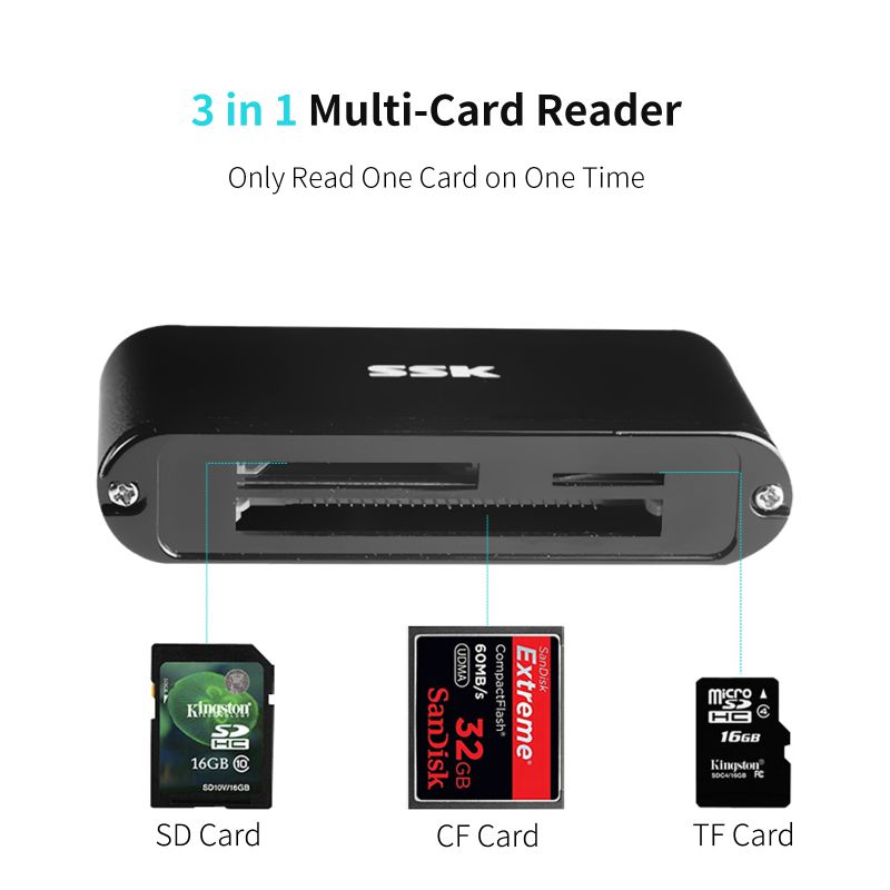 SSK USB SD Card Reader, 3-in-1 USB 3.0 Micro SD Card Reader,  Memory Card Reader Triple Slots for Camera Computer CF TF SD SDHC SDXC Mini SD, Compatible with Windows, Linux/Unix, MacOS X