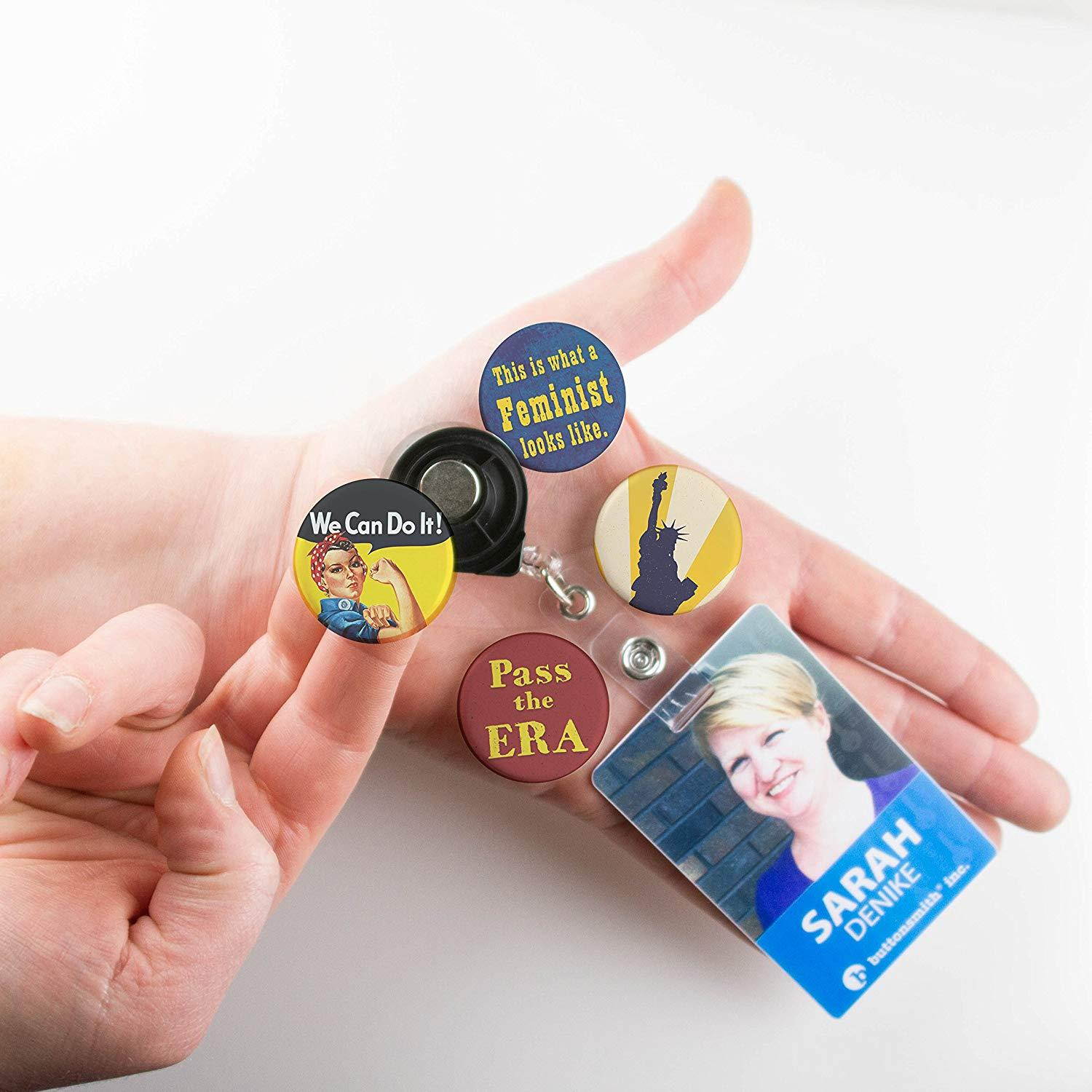 Buttonsmith Retro Feminist Retractable Tinker Reel Key Reel with Belt Clip and Swappable Tinker Tops featuring Rosie the Riveter - Made in the USA, 1 Year Warranty