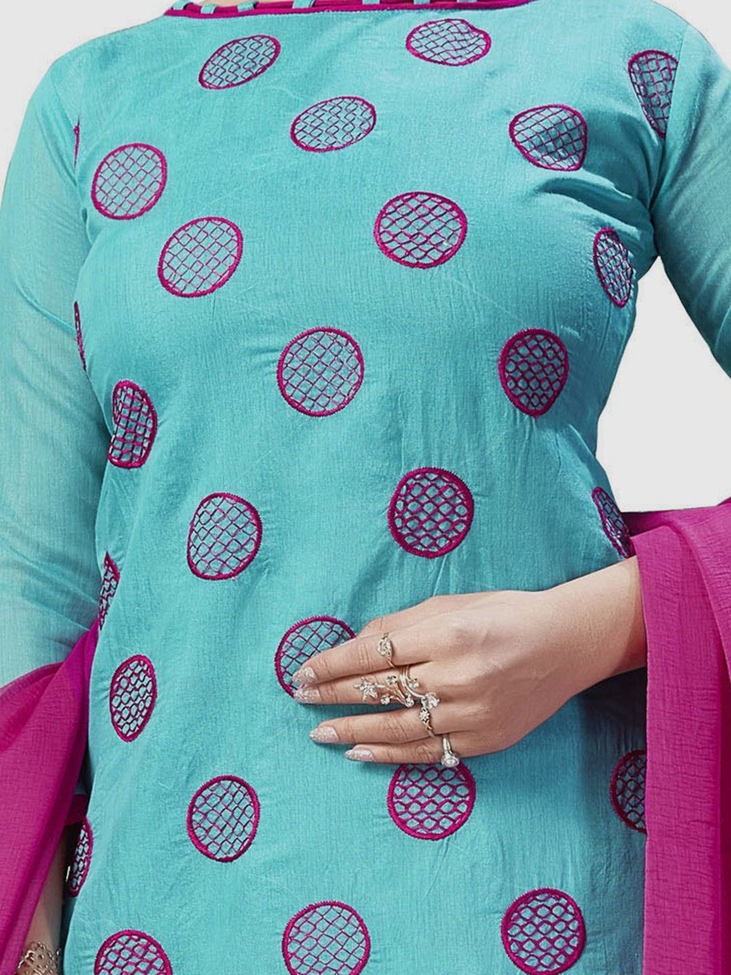 APNISHA Blue & Pink Embroidered Unstitched Dress Material
