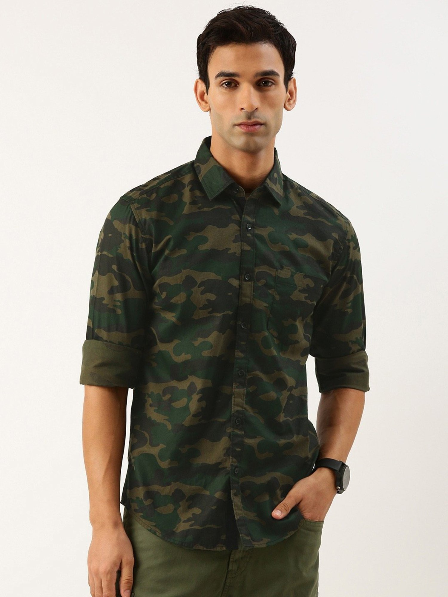 IVOC Olive Slim Fit Camouflage Shirt